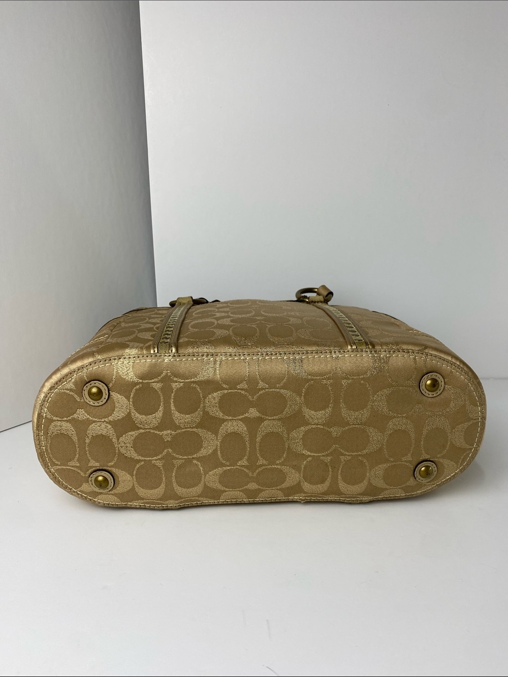 Coach Studded Signature Jacquard Gold Metallic Signature Tote with Suede Trim - Picture 17 of 17